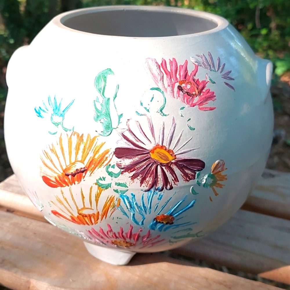 1930s Vintage Cream Ransburg Pottery jar hand painted flowers